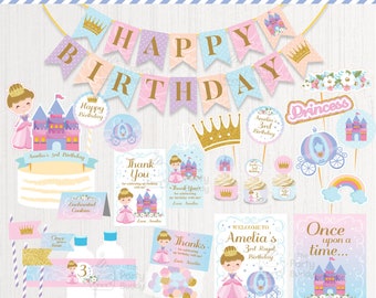 Princess Birthday Party Pack | Girls Royal Party Printable Kit | Pink Purple Blue | DIY Digital PDF Files Printable Package | Personalized