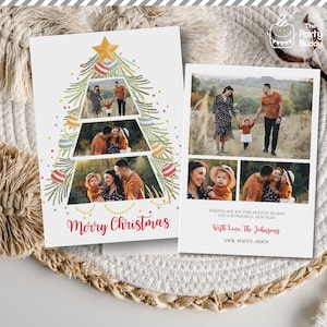 Afdrukbare sjabloon fotokaart kerstboom | Vakantiefotocollage Digitaal bestand Foto's verticaal | Bewerkbaar met CORJL Instant Download