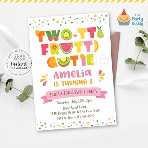 Invitación editable para fiesta de Two-tti Frutti Cutie / Segundo cumpleaños de niñas / Celebración dulce y afrutada / Plantilla de archivo digital Editar Descarga instantánea