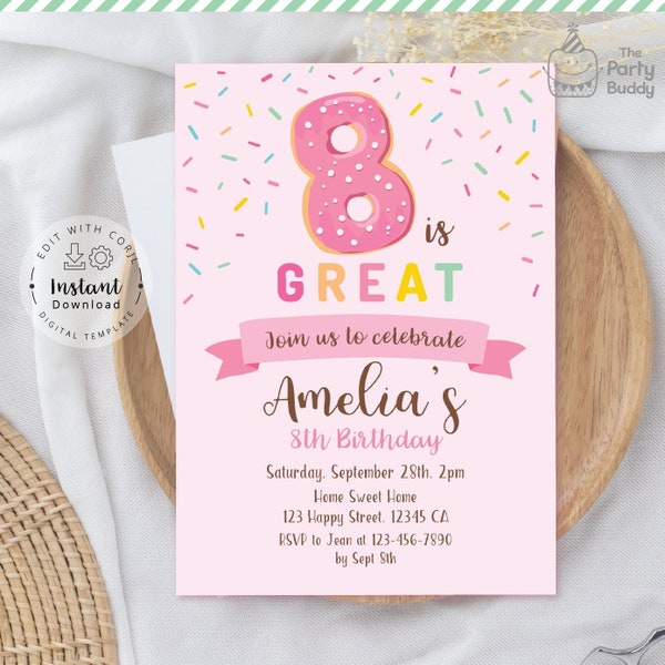 Editable 8 is Great Invitation | Girls 8th Birthday Party | Great to be Eight Celebration | Digital File Template Edit Instant Download