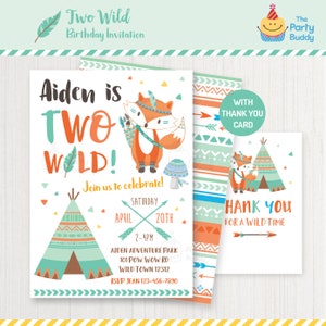 ZWEI wilde Einladung und Dankeschön-Karte | Jungen Stammes Boho 2. Geburtstag | Fuchs und Tipi | Personalisierte Einladung DIGITAL druckbare PDF-Datei