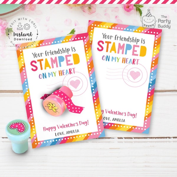 Kids Valentine Stamper Printable Tags | Classroom Valentines Love Stamp Favor Label Card | INSTANT Download DIGITAL File Corjl Template