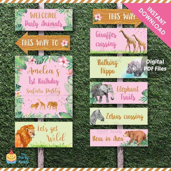 Safari Girls Party Sign Birthday Decoration | Jungle Welcome Signage Pink | Text EDITABLE Yourself | Digital Printable PDF INSTANT Download