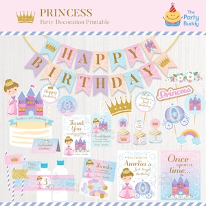 Lot de fête d'anniversaire princesse | Filles Royal Party IMPRIMABLE Kit Rose Pourpre Bleu | Ensemble de fichiers PDF numériques DIY personnalisé