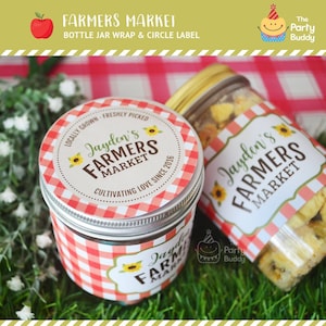Farmers Market Bottle Jar Wrapper and 3&quot; Circle Label | Farm Garden Birthday Party Favor DIY | PERSONALIZED Digital Printable PDF File