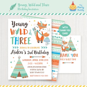 Joven salvaje tres invitación / Niños Tribal Boho 3rd cumpleaños aventura / gracias tarjeta / personalizado invitar digital imprimible PDF archivo