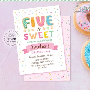 Editable FIVE is Sweet Invitation | Girls 5th Birthday | Sweet Celebration Donut Party | Digital File Corjl Template Edit Instant Download