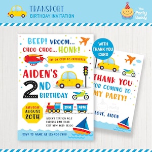 Convite do aniversário do transporte | Festa de transporte de meninos Beep Vroom Choo | obrigado cartão comemorativo | Arquivo PDF DIGITAL para impressão de convite personalizado