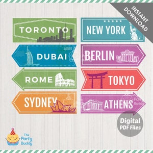 Decorazione dei segni della città di viaggio vintage / Viaggio nel mondo Destinazione Direzione Città Punto di riferimento Segnaletica / PDF stampabile digitale Download immediato