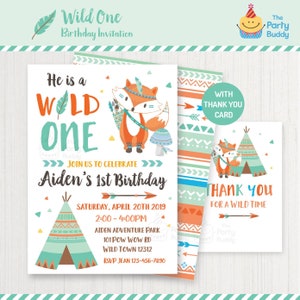 Wild eine Einladung und Dankeschön-Karte | Jungen 1. Geburtstag Stammes Boho Abenteuer | Personalisierte Einladung DIGITAL-Druck-PDF