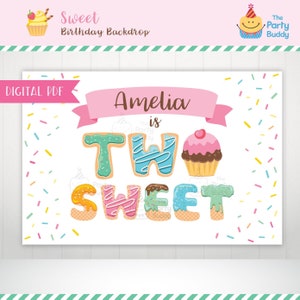 DEUX Sweet Girl 2nd Birthday Backdrop PDF Digital Printable | Ice Cream Bar Candy Buffet Dessert Table Bannière Affiche | Fichier PERSONNALISÉ