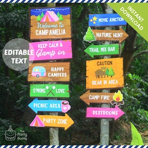 Camping Glamping Party Sign Decoration | Campout Birthday Welcome Signage | Text EDITABLE Yourself | Digital Printable PDF INSTANT Download