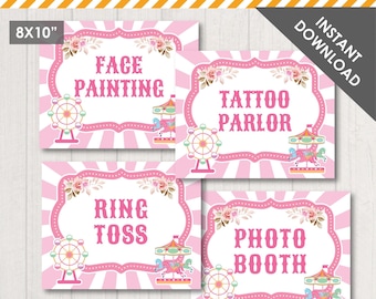 Girls Carnival Signs Pink 8x10 | Ring Toss Sign | Face Painting Sign | Tattoo Parlor | Digital Printable PDF File INSTANT DOWNLOAD