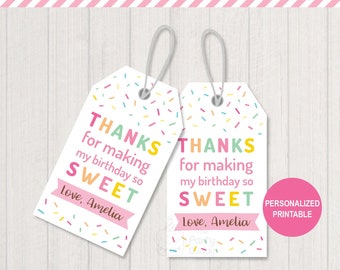 Sweet Birthday Party Favor Tag PERSONALIZED Printable | Girls Colorful Sprinkle Ice Cream Donut Party | Avery 22802 Tags | Digital PDF File