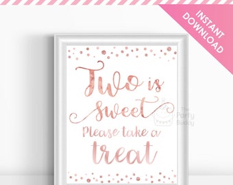 TWO is Sweet Take a Treat 8x10 Poster Rose Gold | Girls 2nd Birthday Party | Dessert Table Sign | Digital Printable PDF Instant Download