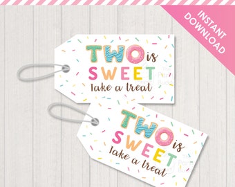 TWO is Sweet Party Favor Tag Printable | Girls 2nd Birthday Party | Donut Sprinkle | Avery 22802 | Digital File PDF INSTANT Download