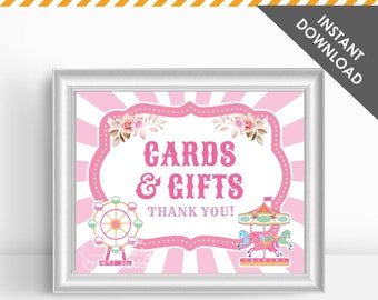 Pink Carnival Cards and Gifts Sign | Gift Table Poster 8x10 | County Fair Circus Birthday | Digital Printable PDF File INSTANT DOWNLOAD