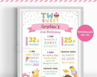 TWO Sweet Girls 2nd Birthday Milestone Board DIGITAL Printable | Cupcake Ice Cream Donut Candy Poster | PERSONALIZED Pdf Jpeg File