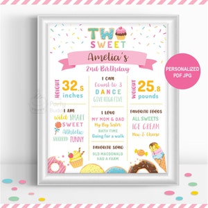 TWO Sweet Girls 2nd Birthday Milestone Board DIGITAL Printable | Cupcake Ice Cream Donut Candy Poster | PERSONALIZED Pdf Jpeg File