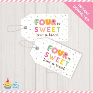 FOUR is Sweet Party Favor Tag Printable | Girls 4TH Birthday Party | Donut Sprinkle | Avery 22802 | Digital File PDF INSTANT Download