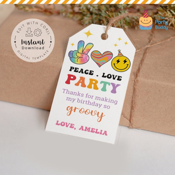 Peace Love Party Favor Tag | Groovy Hippie Birthday Thank You Tag | Editable Corjl Template Digital File Instant Download Digital Printable