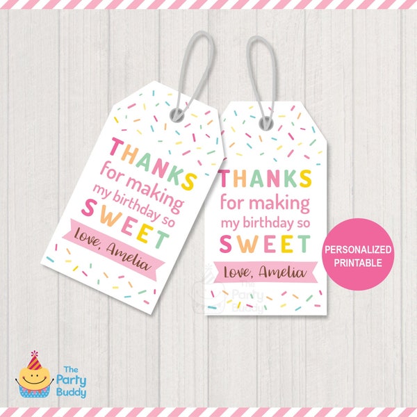 Sweet Birthday Party Favor Tag PERSONALIZED Printable | Girls Colorful Sprinkle Ice Cream Donut Party | Avery 22802 Tags | Digital PDF File