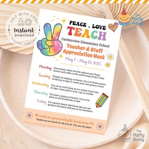 Peace Love Teach Teacher Appreciation Week-route | Groovy schoolpersoneel bord 8 x 10 5 x 7 | Bewerkbare sjabloon Corjl Digital Instant Download