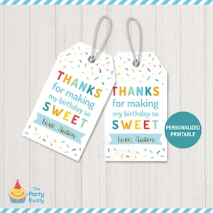 Etichetta per bomboniera per festa di compleanno con cospargere di dolcezza PERSONALIZZATA stampabile / Festa con ciambelle di gelato colorate per ragazzi / Etichette Avery 22802 / File PDF digitale