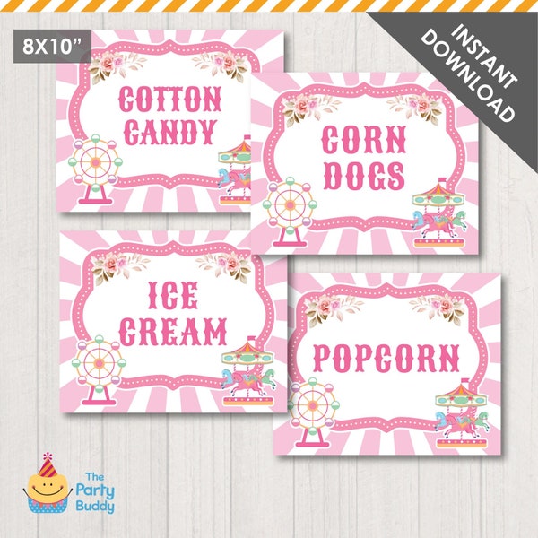 Girls Carnival Birthday Signs Pink 8x10 | Cotton Candy Sign | Ice Cream Sign | Circus Party Digital Printable PDF File | INSTANT DOWNLOAD