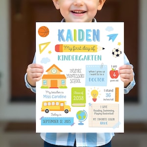 May include: A colorful kindergarten sign held by a child. The sign includes the name "KAIDEN", "My first day of KINDERGARTEN", and other details like "I stand 36 inches tall", "I want to be a DOCTOR", and "My favorite color: BLUE".