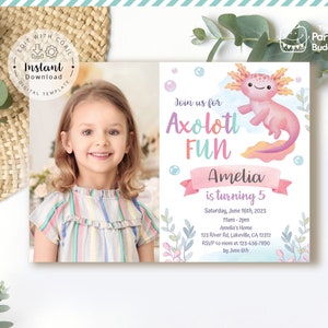 Editable Axolotl Photo Invitation | Cute Smiley Pink Axolot Girls Birthday Party Invite | Digital File Corjl Template Edit Instant Download