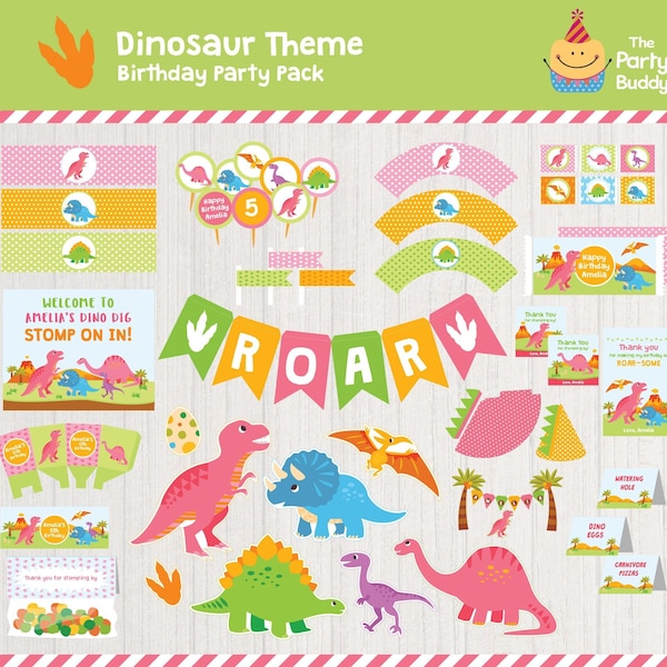 Pink Dinosaur Party DIGITAL Printable Pack | Girls Dino Birthday | Roar Rawr Party Kit PDF File Decoration Package Personalized | Mix Match