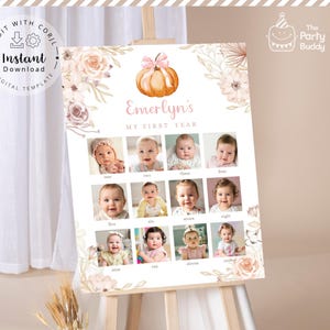 Puede incluir: Un tablero de fotos personalizado del primer año del bebé. El diseño presenta una ilustración de calabaza con un lazo rosa, detalles florales y espacio para doce fotos de bebé. El texto incluye "Emerlyn's MY FIRST YEAR".