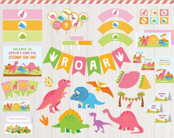 Pink Dinosaur Party DIGITAL Printable Pack | Girls Dino Birthday | Roar Rawr Party Kit PDF File Decoration Package Personalized | Mix Match