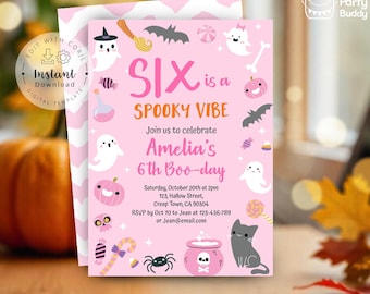 May include: Pink Halloween-themed invitation with the text "SIX is a SPOOKY VIBE" and "Amelia's 6th Boo-day." The design includes ghosts, bats, pumpkins, and a black cat. The invitation is a digital template.