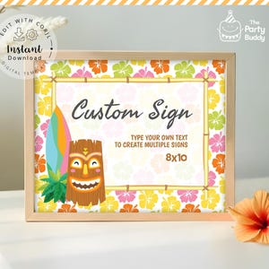 Letrero personalizado editable de Luau Tiki / Póster de mesa Aloha Tiki Hut Lei de 8 x 10 / Fiesta hawaiana tropical / Plantilla Corjl para archivo imprimible digital