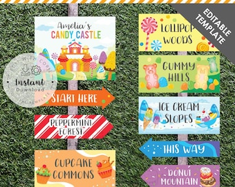 Editable Candy Land Party Signs Decoration | Candy Castle Sweet Birthday Welcome Sign Post Signage | Digital Template INSTANT Download Corjl