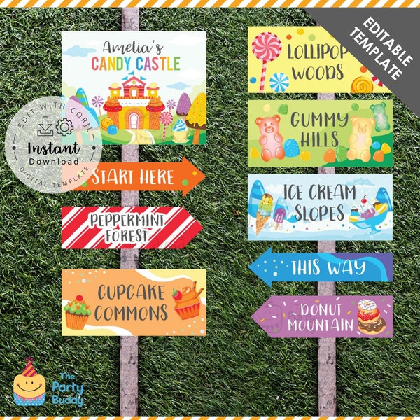 Editable Candy Land Party Signs Decoration | Candy Castle Sweet Birthday Welcome Sign Post Signage | Digital Template INSTANT Download Corjl