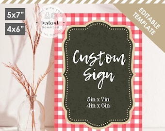 Puede incluir: Una plantilla de cartel imprimible con un patrón de cuadros rojos y blancos. El cartel tiene un marco estilo pizarra con el texto "Custom Sign" y los tamaños "5in x 7in" y "4in x 6in".