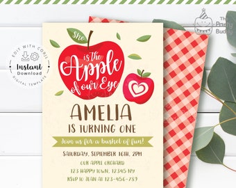 Editable Apple of Our Eye Invitation | Girl Fall Fun Birthday Party | Red Apples Fruit Farm | Digital Invite Corjl Template Instant Download