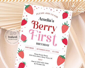 Edytowalne zaproszenie na pierwsze urodziny Berry Sweet | Dziewczęce zaproszenie na pierwsze przyjęcie Strawberry | Plik cyfrowy Szablon Corjl Edytuj PDF Natychmiastowe pobieranie