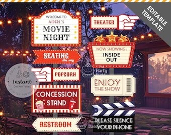 Editable Movie Party Signs Decoration | Movie Night Home Theater Welcome Sign Directional Signage | Digital Corjl Template INSTANT Download