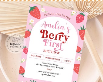 Edytowalne zaproszenie na pierwsze urodziny Berry | Dziewczęce słodkie zaproszenie na pierwszą imprezę Strawberry | Plik cyfrowy Szablon Corjl Edytuj PDF Natychmiastowe pobranie