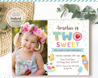 Editable TWO Sweet Photo Invitation | Girl 2nd Birthday Picture Invite | Ice Cream Party | Digital File Corjl Template Edit Instant Download