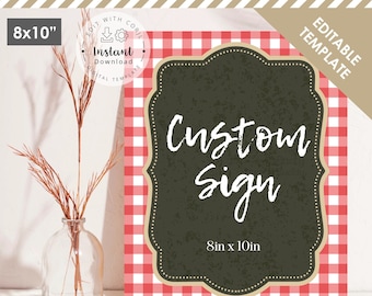 Puede incluir: Plantilla de letrero editable de 8x10 pulgadas con fondo de cuadros rojos y blancos. El letrero tiene un área de pizarra negra con el texto "Custom Sign" y "8in x 10in".