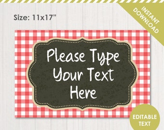 Puede incluir: Señal imprimible con fondo de cuadros rojos y blancos. La señal tiene un marco de estilo pizarra con el texto "Por favor, escribe tu texto aquí".