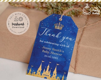 Royal Prince Baby Shower Favor Tag Editable | Royal Blue Gold Castle Thank You Gift Tags Printable | Digital File Corjl INSTANT Download