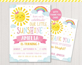 Sunshine Rainbow Girls Party Invitation | Summer Sun Shine 1st Birthday | Thank You Card | PERSONALIZED Invite Digital Printable PDF File