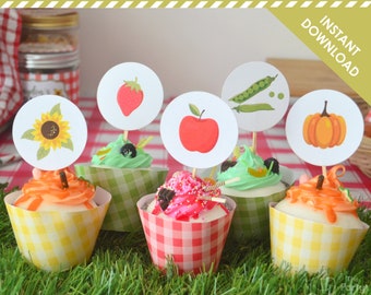 Farmers Market Cupcake Wrapper and Topper 2" Circles Printable | Farm Birthday Party | Pumpkin Apple | Digital PDF File INSTANT Download