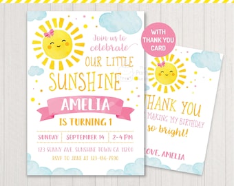 You are my Sunshine Girls Party Invitation | 1st Summer Sun Shine Birthday | Thank You Card | PERSONALIZED Invite Digital Printable PDF File